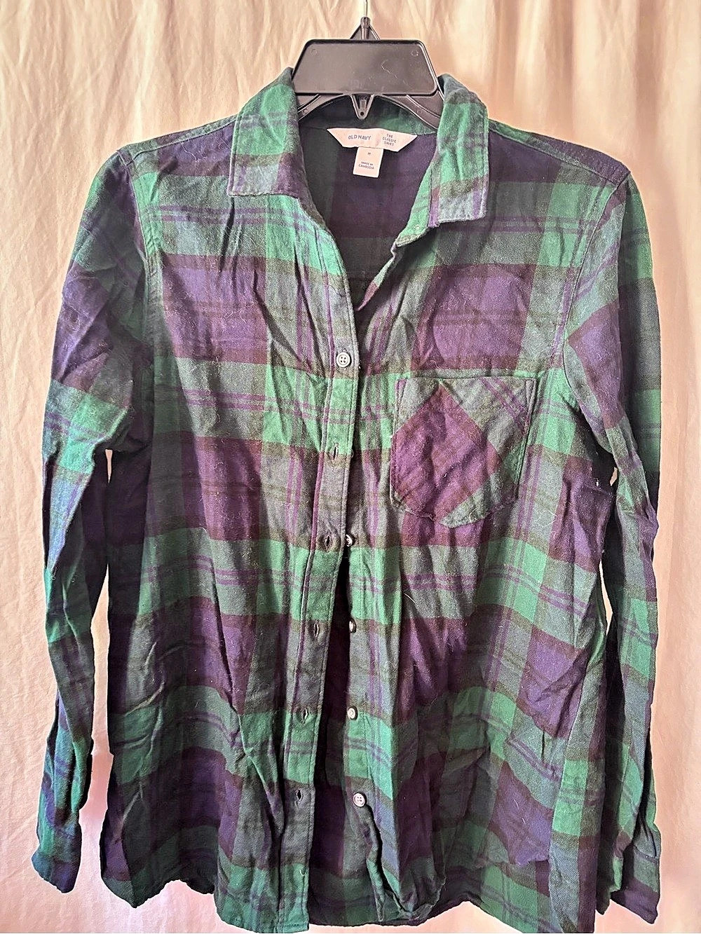Old Navy The Classic Shirt Flannel Plaid Button Down Purple & Green Medium